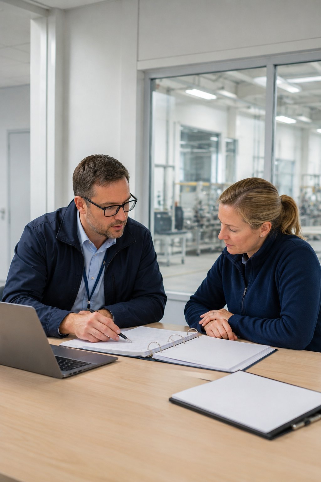 Auditor reviewing management-system documentation with a client in a manufacturing facility