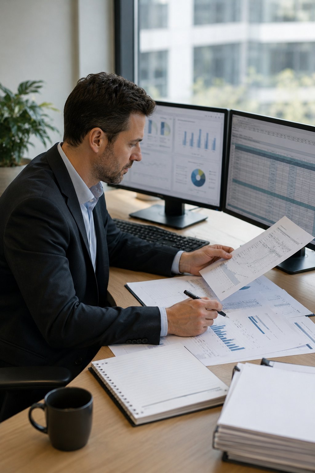 Finance professional reviewing financial statements and controls data